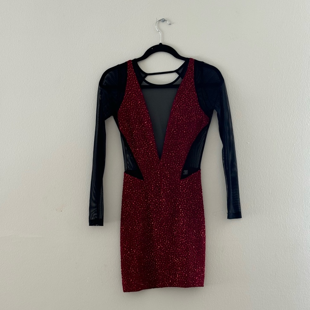 SEXY BLACK/RED SEQUIN LONG SLEEVE MESH MINI DRESS
